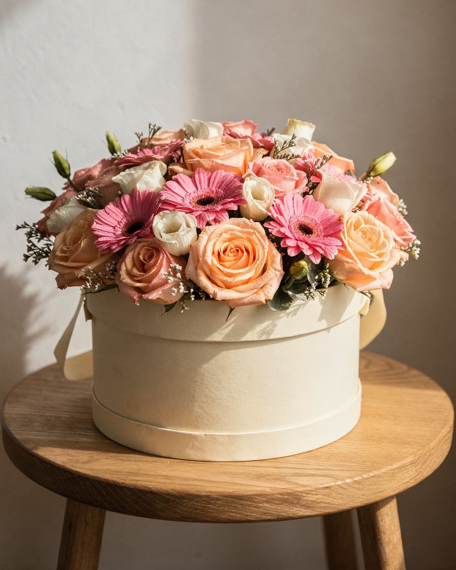 Pink and peach roses with pink gerberas and white lisianthus in a cream hat box