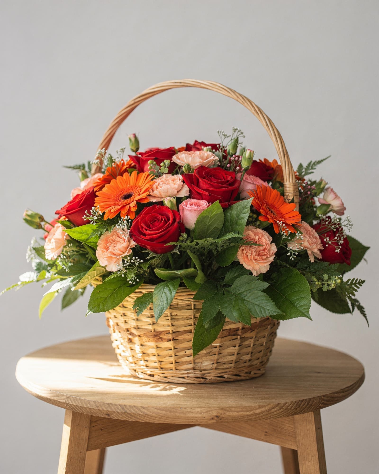 A rattan basket of red and pink roses, orange gerberas and carnations